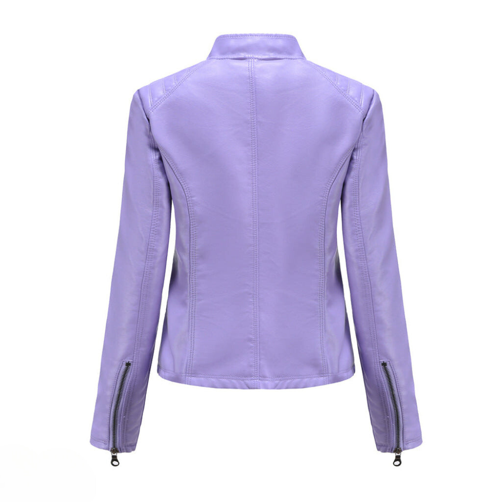 Slim fit women's brown faux leather jacket, moto design, with detailed stitching