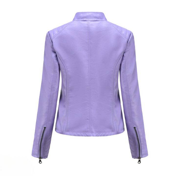 Slim fit women's brown faux leather jacket, moto design, with detailed stitching