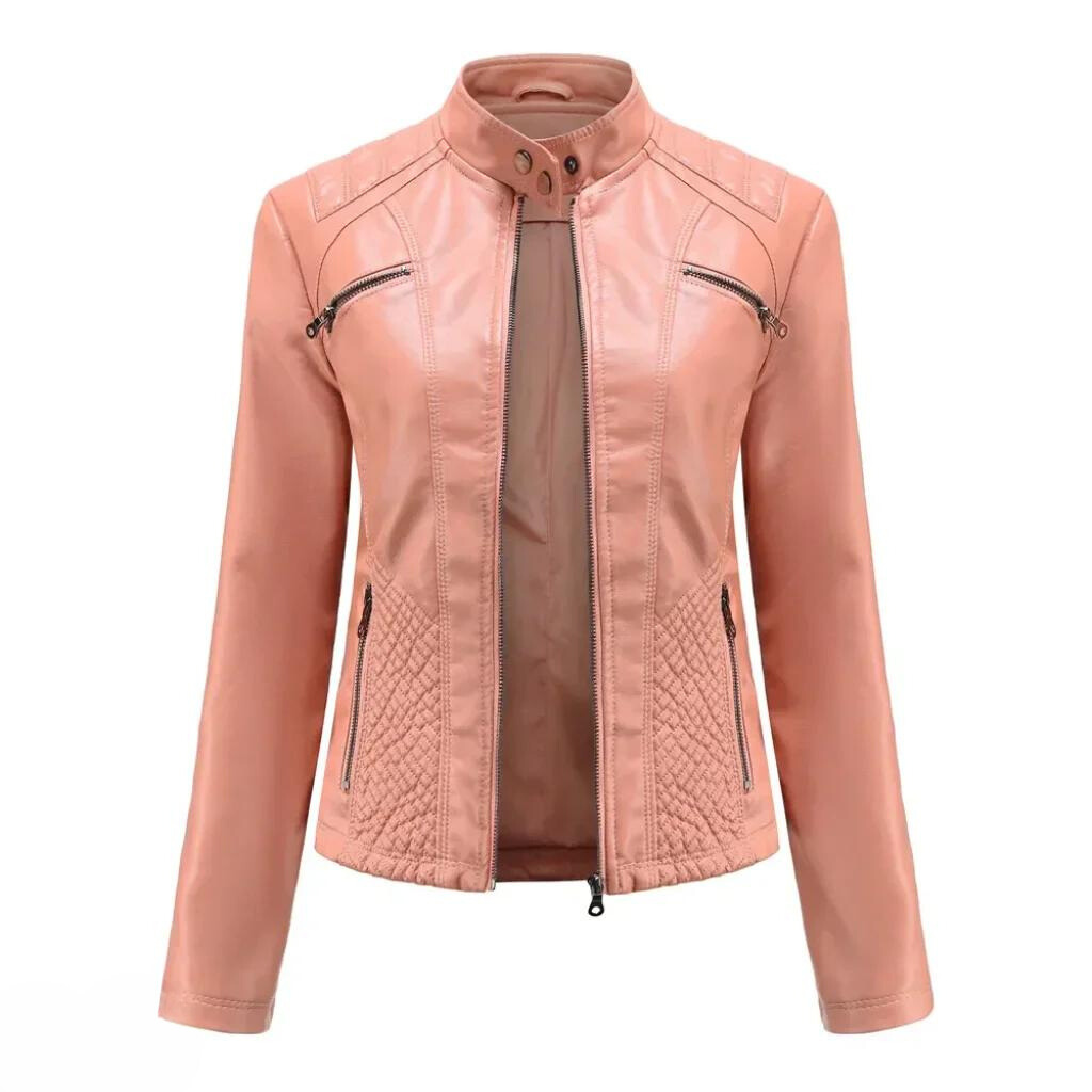 Women's casual brown faux leather moto jacket, front view, highlighting trendy hardware