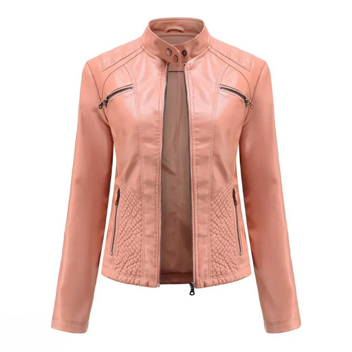Women's casual brown faux leather moto jacket, front view, highlighting trendy hardware