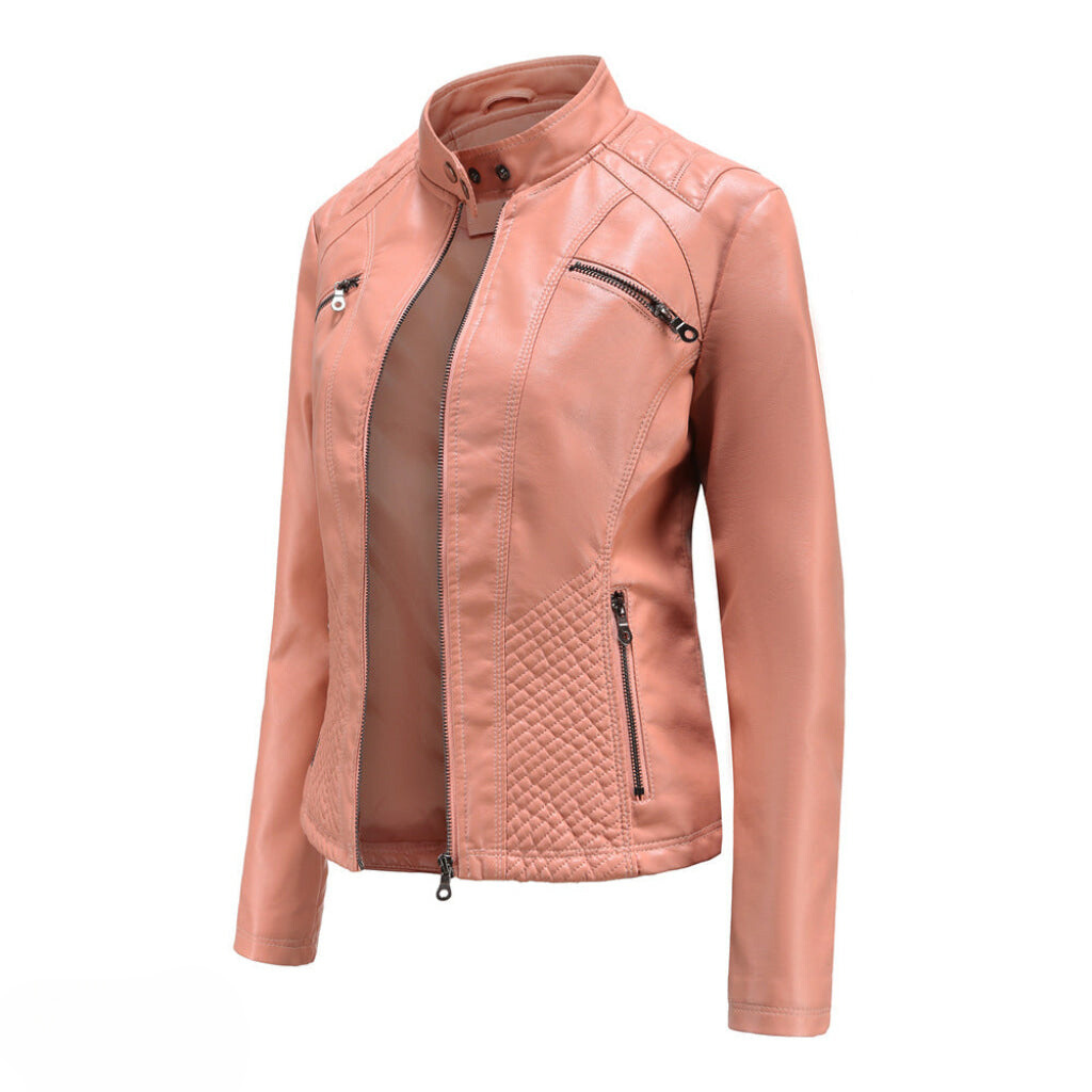 New women's faux leather jacket, brown moto style, versatile outerwear for any occasion