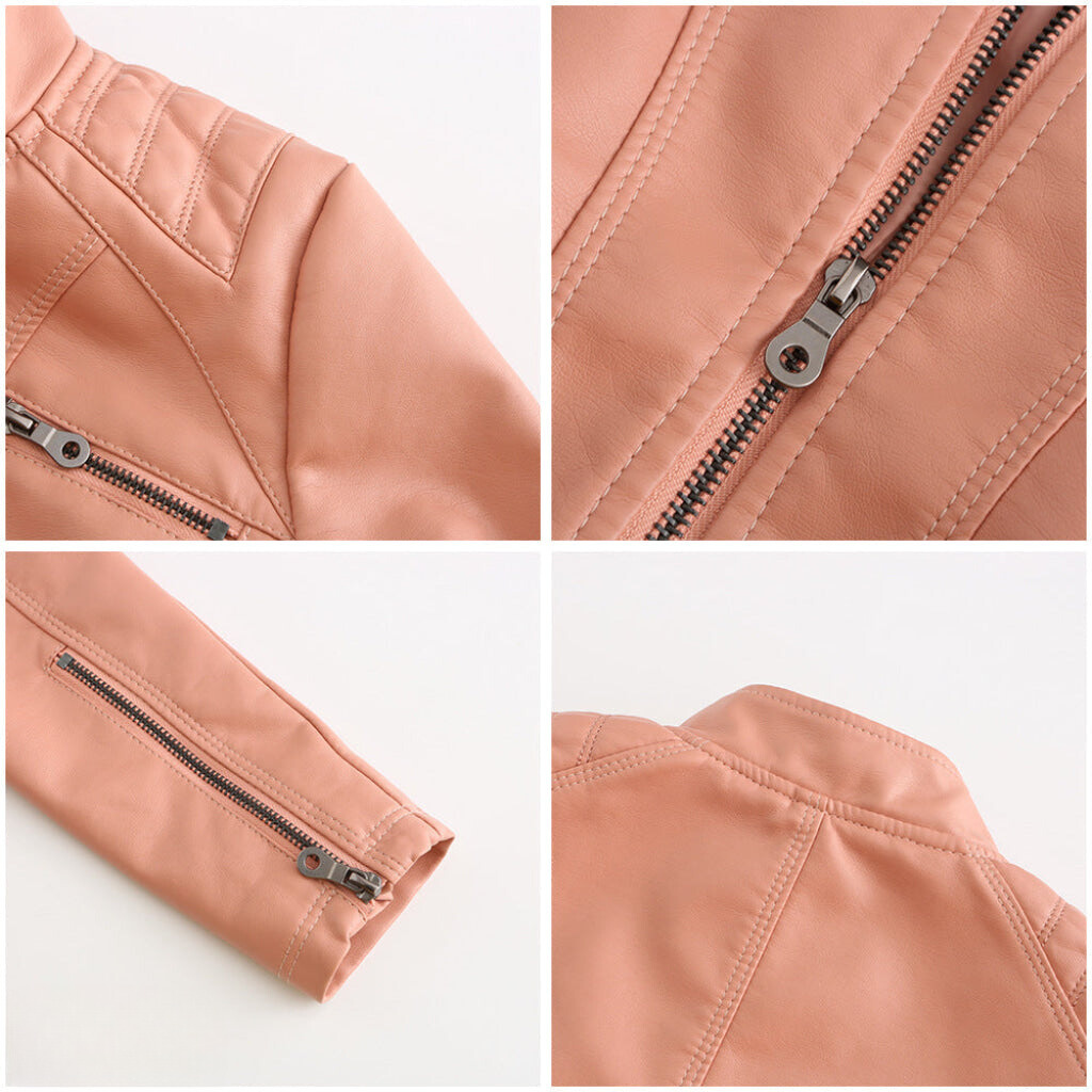 Stylish brown faux leather moto jacket for women, close-up of shoulder quilt detail