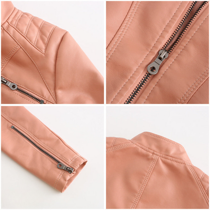 Stylish brown faux leather moto jacket for women, close-up of shoulder quilt detail