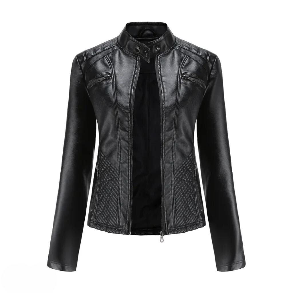 Stylish women's faux leather moto jacket in brown, close-up of zipper and collar detail