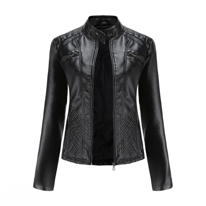 Stylish women's faux leather moto jacket in brown, close-up of zipper and collar detail