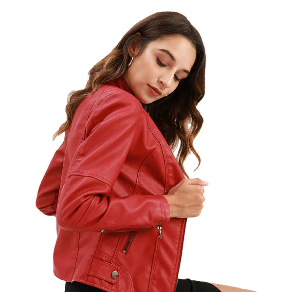 Trendy brown faux leather moto jacket for women, slim fit, full-length view