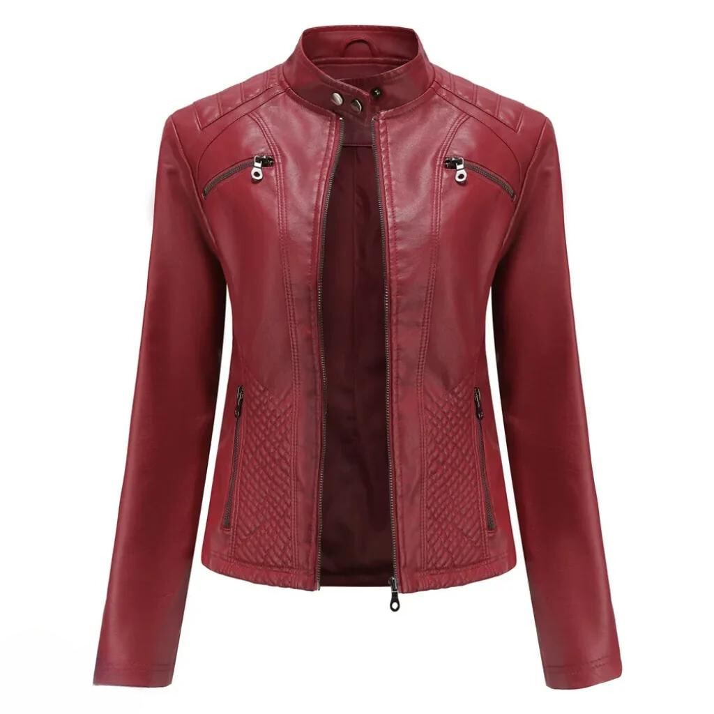 Women's faux leather jacket, moto design, back view showcasing slim silhouette