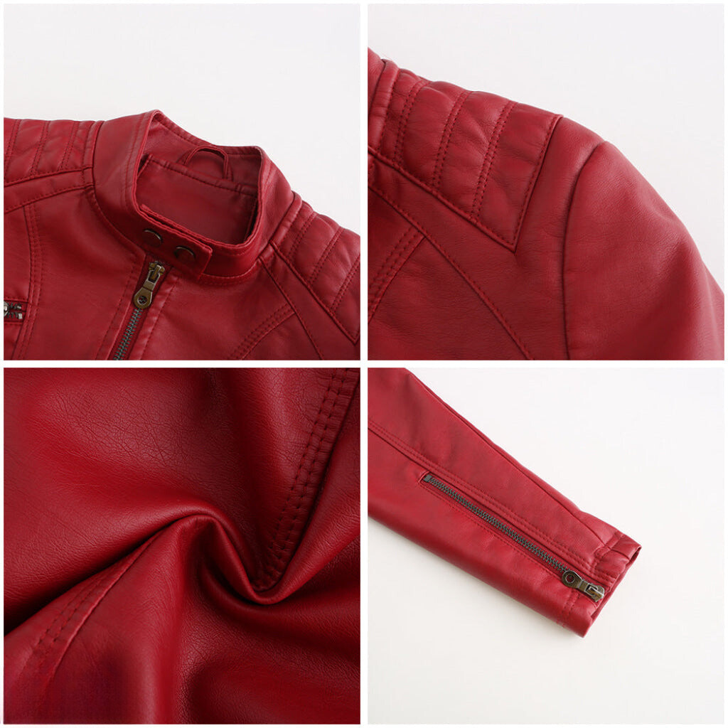 Close-up of sleeve cuff with zipper detail on a women's brown faux leather jacket