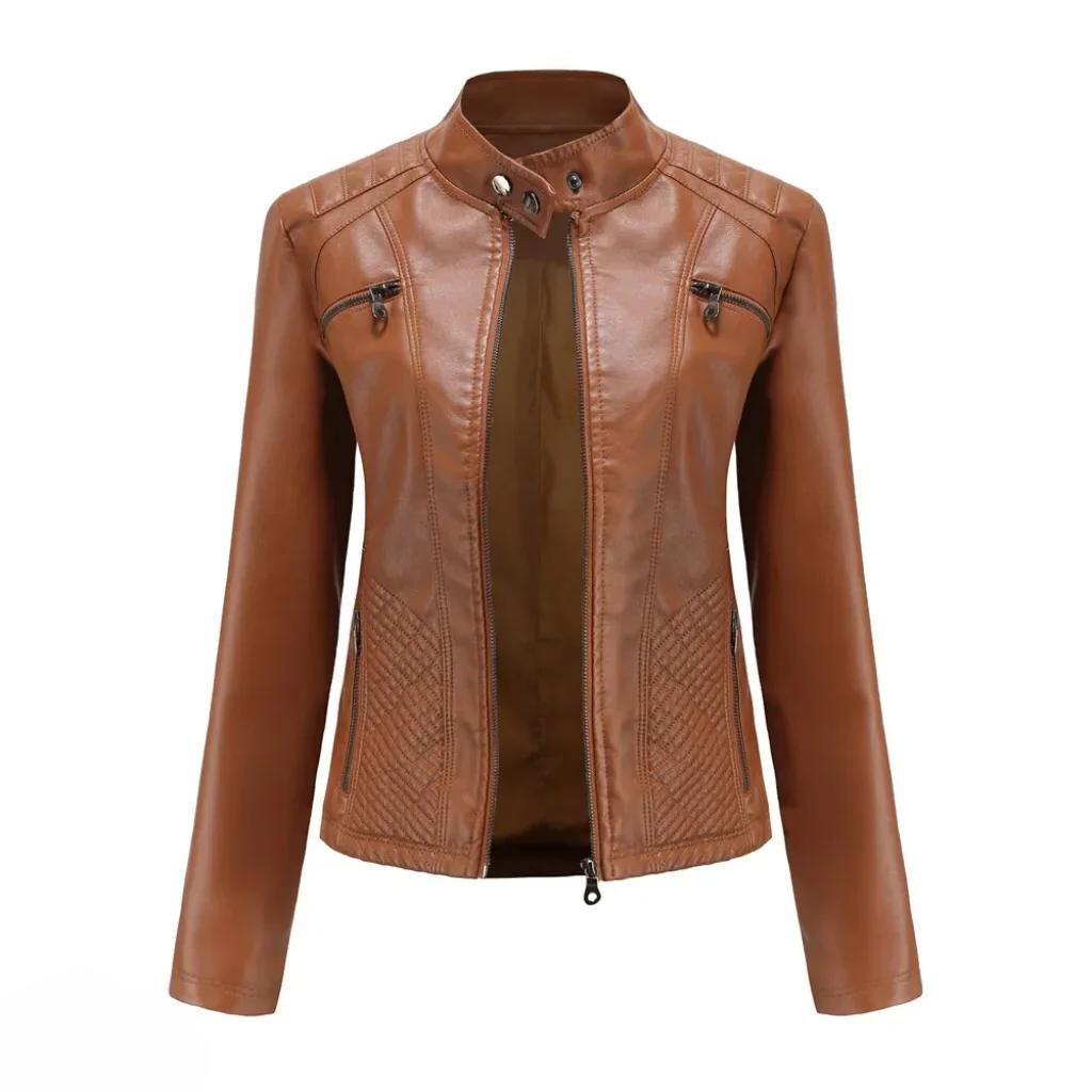 Women's brown moto jacket, faux leather, open style showing inner lining, trendy fashion