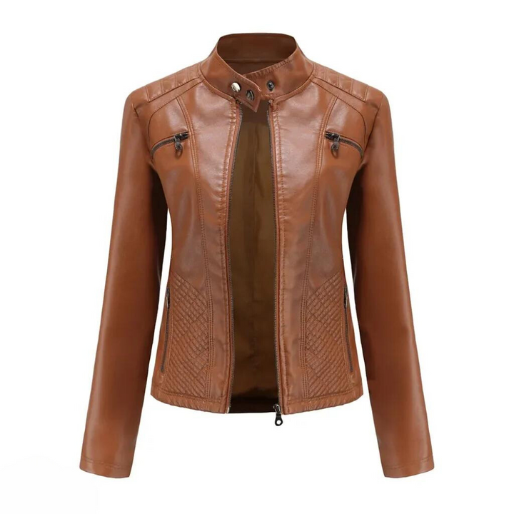 Women's brown moto jacket, faux leather, open style showing inner lining, trendy fashion