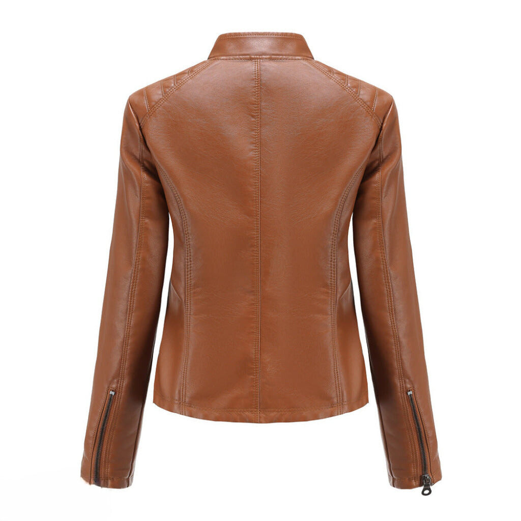 New arrival! Women's brown slim fit faux leather moto jacket, front angle view