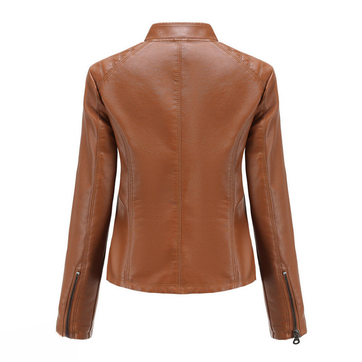 New arrival! Women's brown slim fit faux leather moto jacket, front angle view