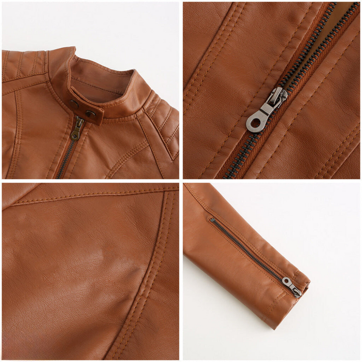 Stylish women's outerwear: brown faux leather moto jacket, perfect for casual winter looks