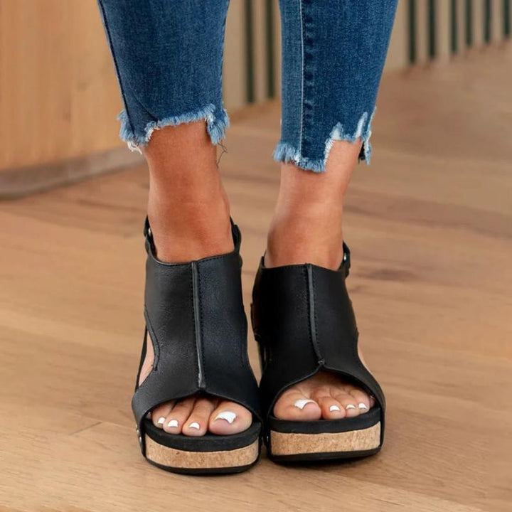 New women's black leather arch support sandals with adjustable strap, orthopedic for daily wear