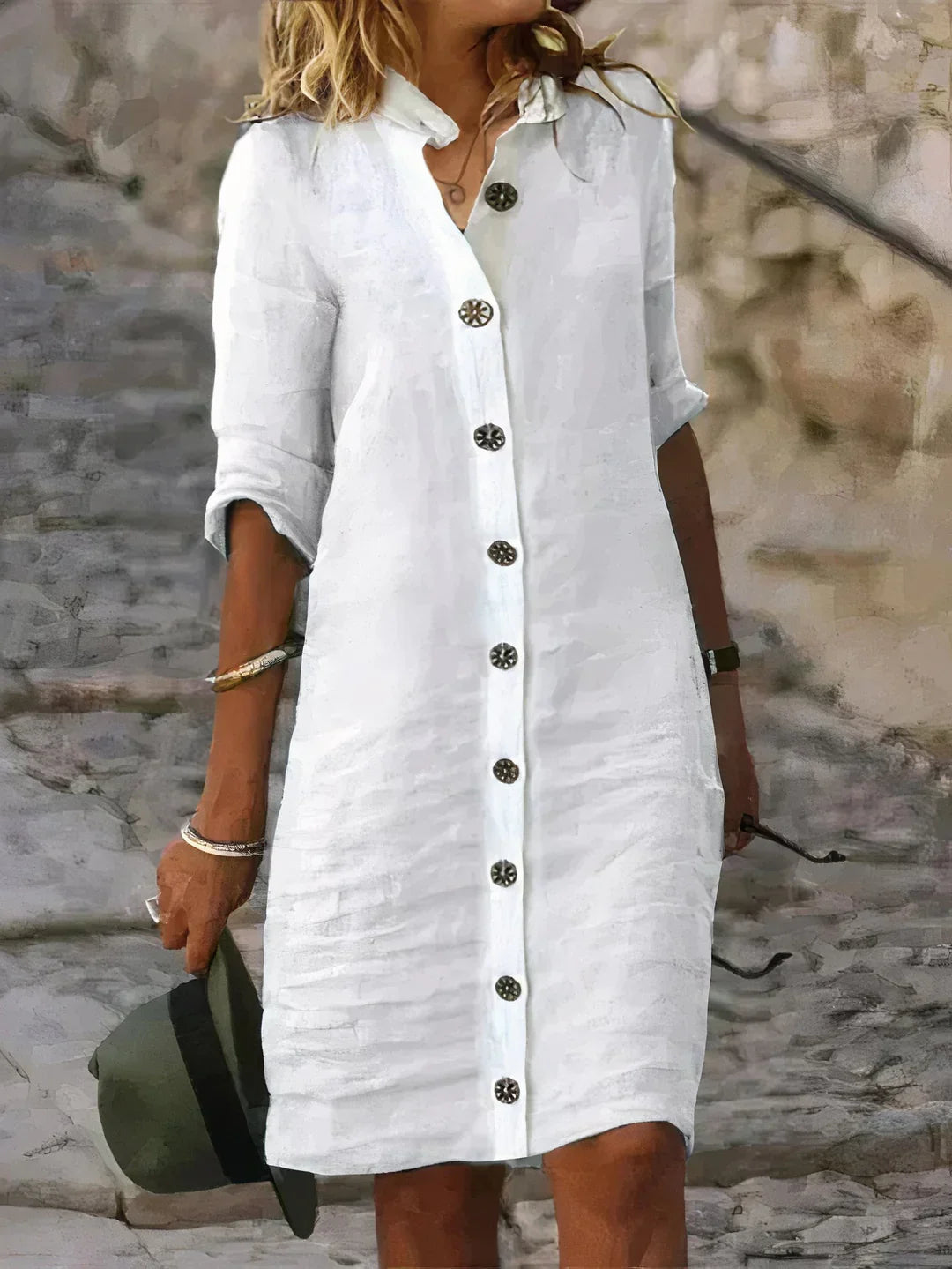 Breathable women's summer midi dress in linen blend, ideal for beach or casual outings