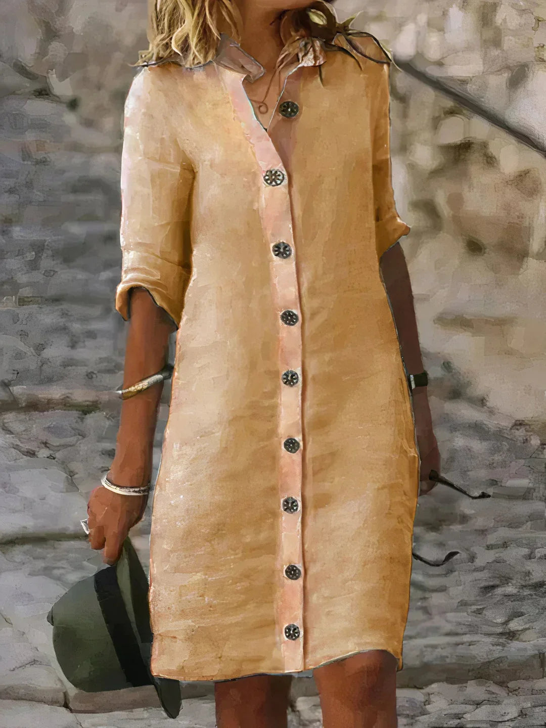 Stylish women's casual midi dress, linen blend fabric, great for warm weather and everyday wear