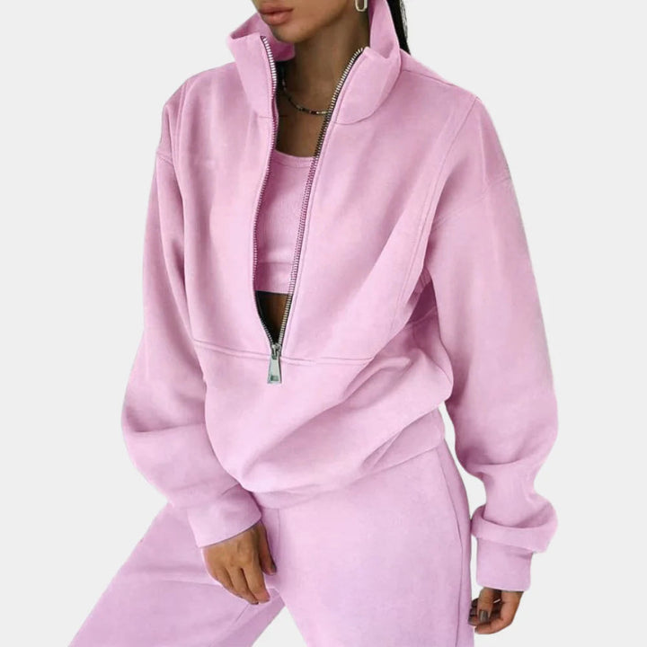 New women's casual two-piece tracksuit set in soft cotton blend, perfect for loungewear.