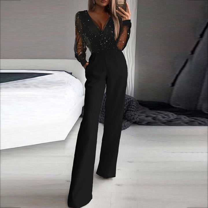 New women's comfortable black polyester jumpsuit, ideal for casual wear and versatile styling.