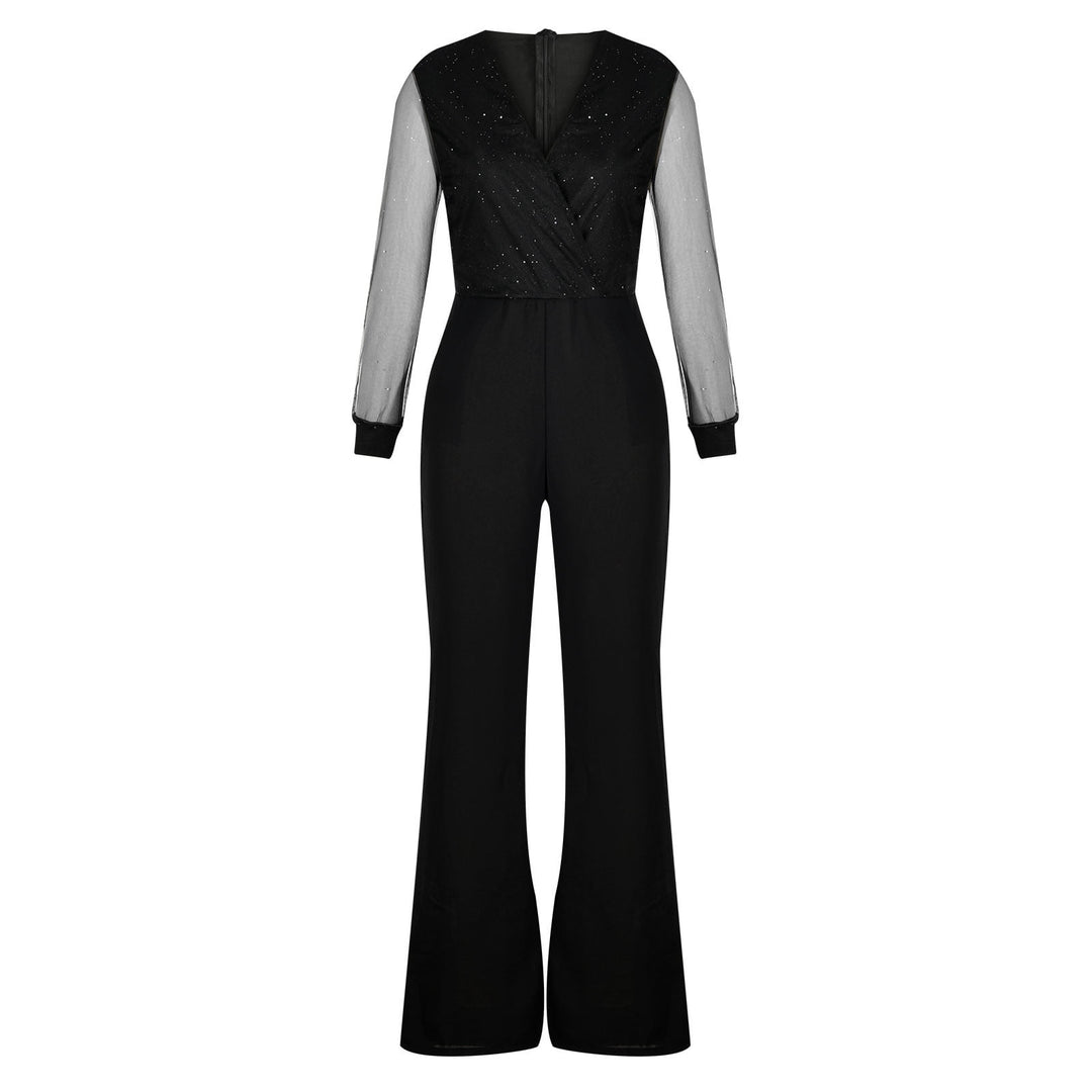 Black women's polyester jumpsuit, a comfortable fashion piece perfect for all-season leisure wear.
