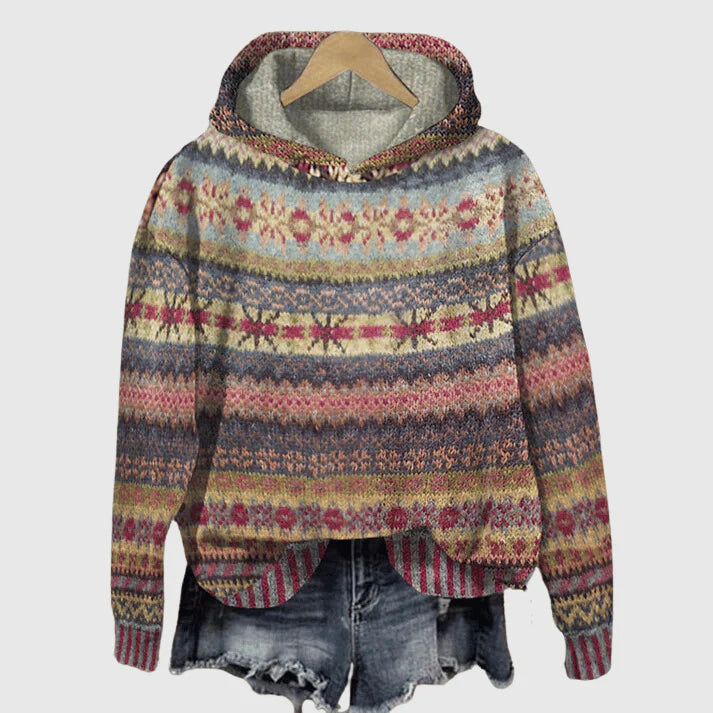 Women's new hoodie featuring a classic Fair Isle pattern, ideal for vintage fashion and winter style