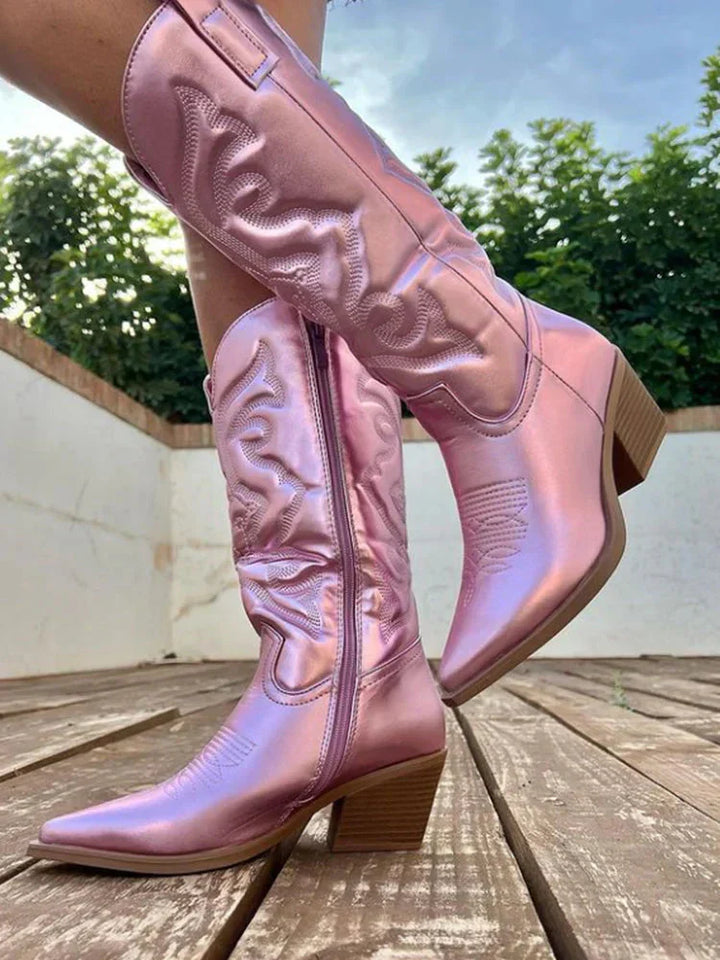 New women's Western pointed toe cowboy boots in classic brown, mid-calf height, perfect for fashion.