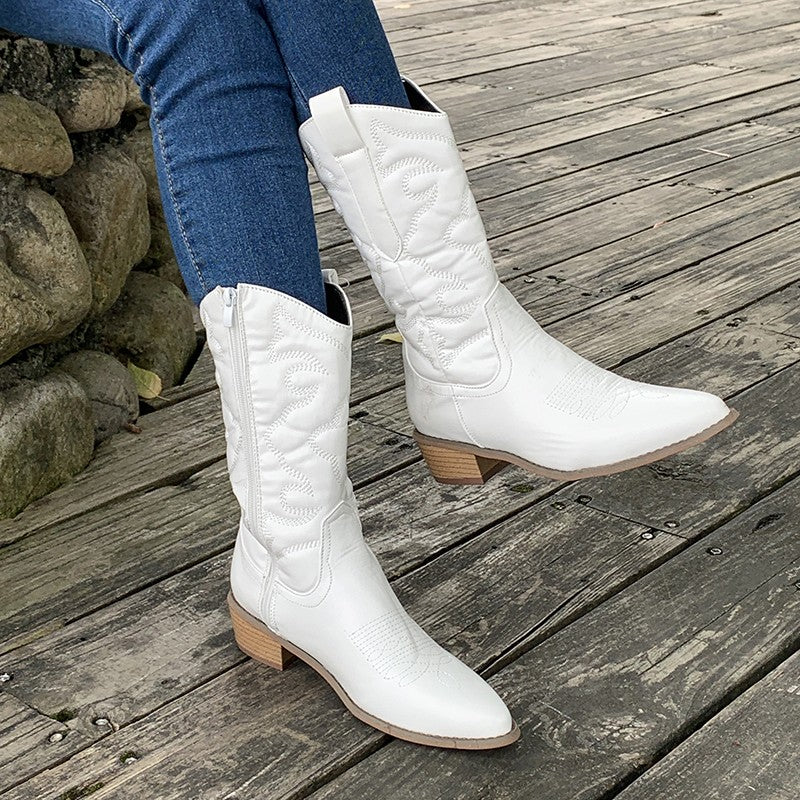 Fashionable women's pointed toe cowboy boots, brand new, offering a comfortable mid-calf fit.