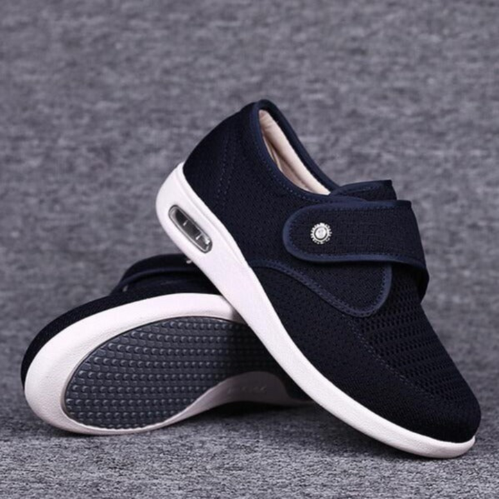 Close-up of women's wide fit diabetic comfort shoe, breathable fabric, spacious toe box, designed for foot health