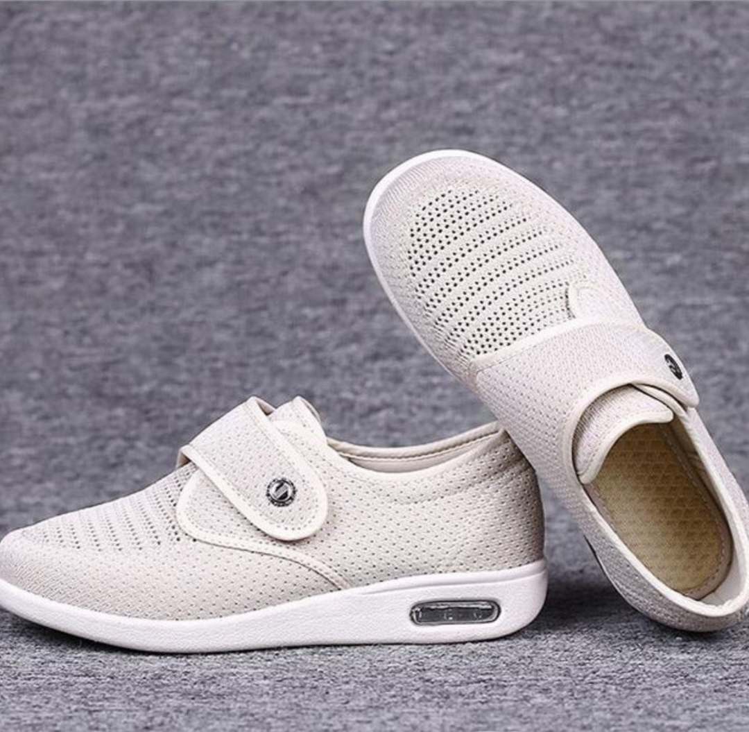 Pair of women's orthopedic wide fit comfort shoes, ideal for diabetic foot care, cushioned insole, easy on-off design