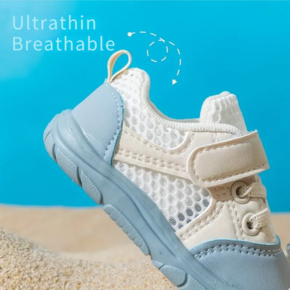 Newborn baby wearing flexible barefoot shoes, promoting natural foot development and comfortable first walks.