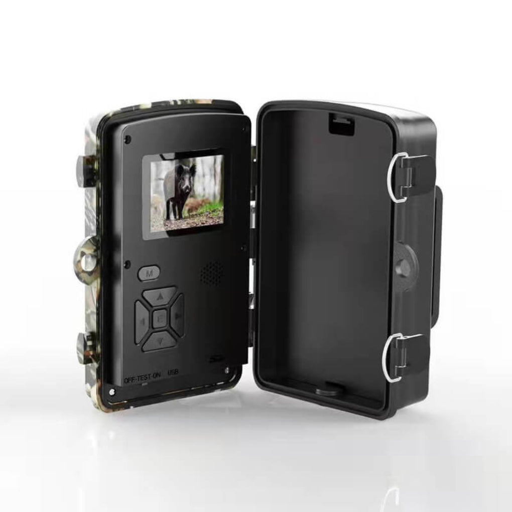 Outdoor trail camera with night vision & motion detection for reliable wildlife & home security.