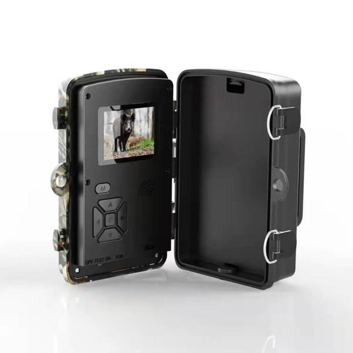 Outdoor trail camera with night vision & motion detection for reliable wildlife & home security.