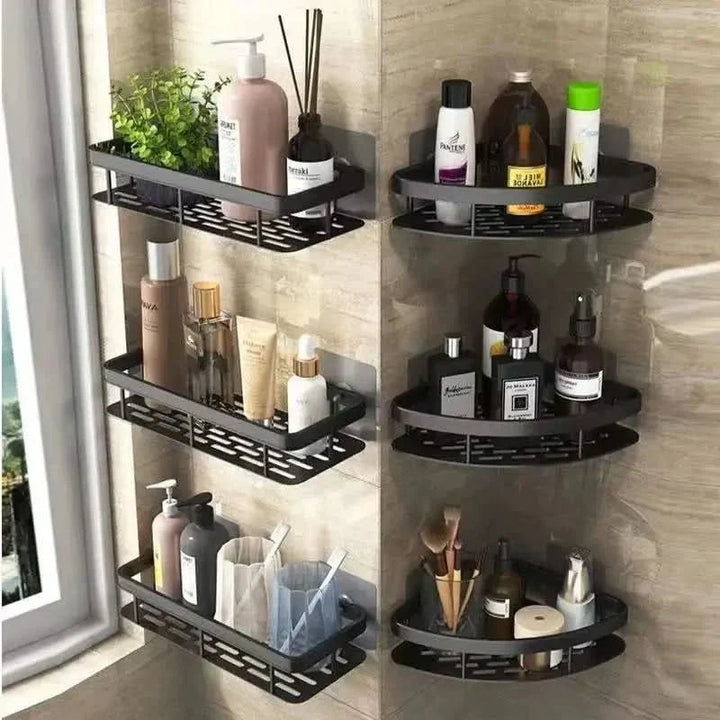 No-Drill corner bathroom shelf with two storage tiers for shampoo & soap. Easy adhesive wall mount.