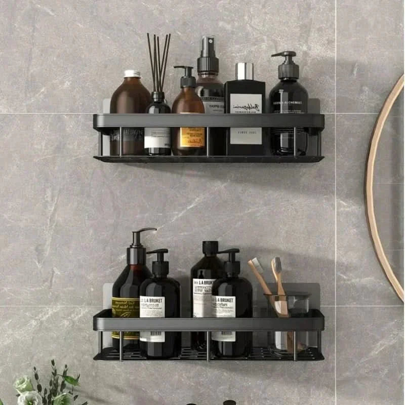 Modern no-drill shower caddy, 2-tier corner shelf for bathroom organization. Wall-mounted adhesive.