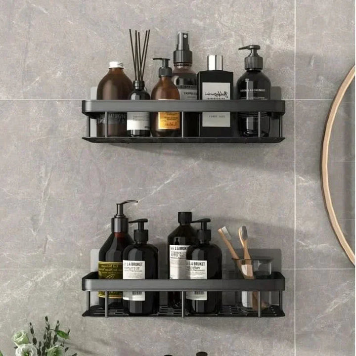 Modern no-drill shower caddy, 2-tier corner shelf for bathroom organization. Wall-mounted adhesive.