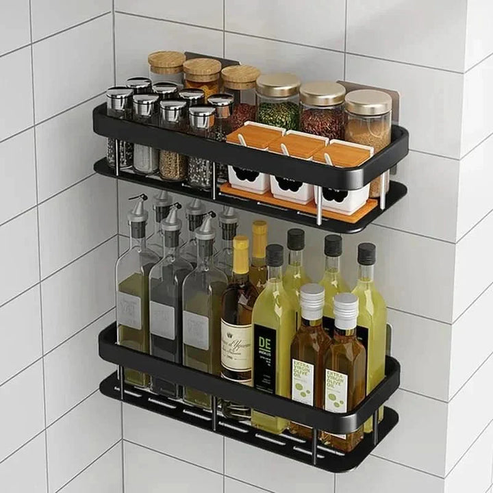 Efficient no-drill corner storage organizer for bathrooms. Two-tier design for toiletries, easy install.