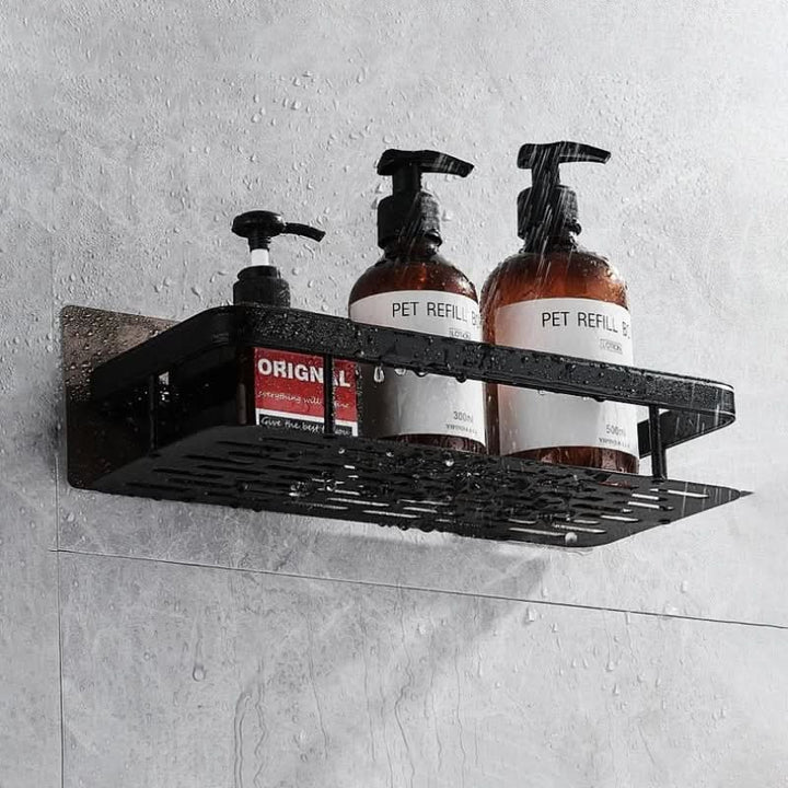 Adhesive wall-mounted corner bathroom shelf, 2-tier storage for shower essentials. No drilling required.