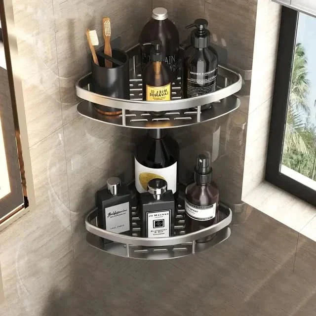 Two-tier no-drill corner bathroom shelf, perfect shower caddy & storage organizer for shampoo & soap.