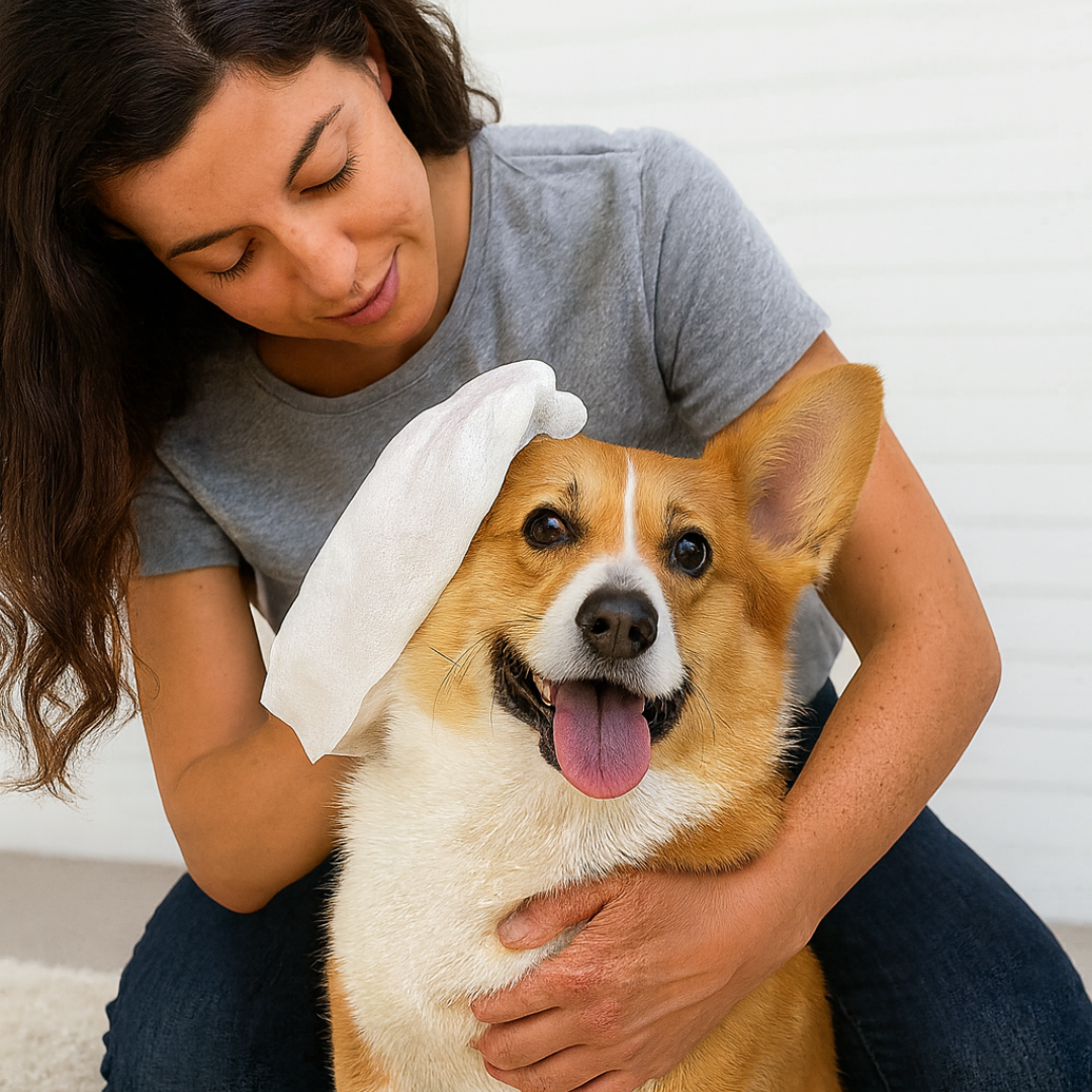 Packaging of No-Rinse Deodorizing Pet Wipes, promising fresh scent and easy pet care for all pets.