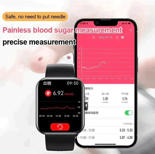 Pink non-invasive blood glucose smartwatch, a stylish health monitor with activity & sleep tracking.