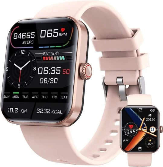 Fitness tracker smartwatch with non-invasive blood glucose & heart rate monitoring, waterproof design.