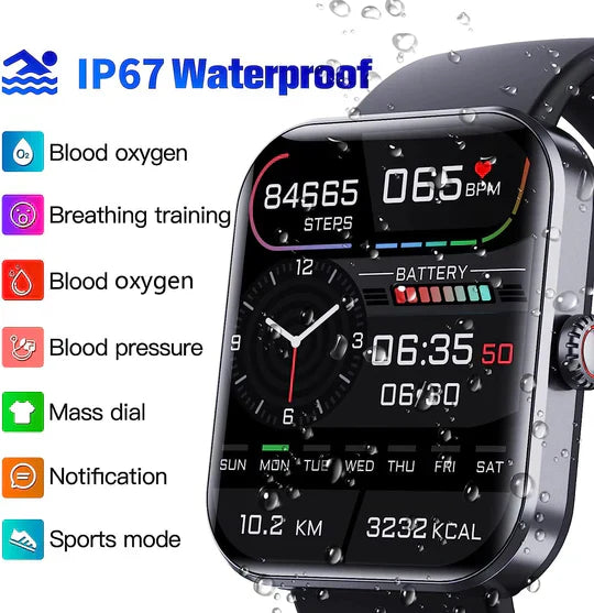 Smartwatch displaying notifications, monitoring blood glucose, heart rate, sleep & activity for wellness.