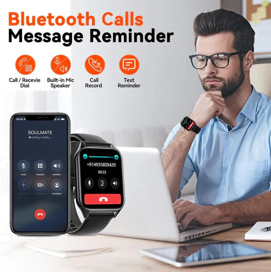 Waterproof smartwatch for non-invasive blood glucose, fitness, heart rate, and sleep tracking in any activity.