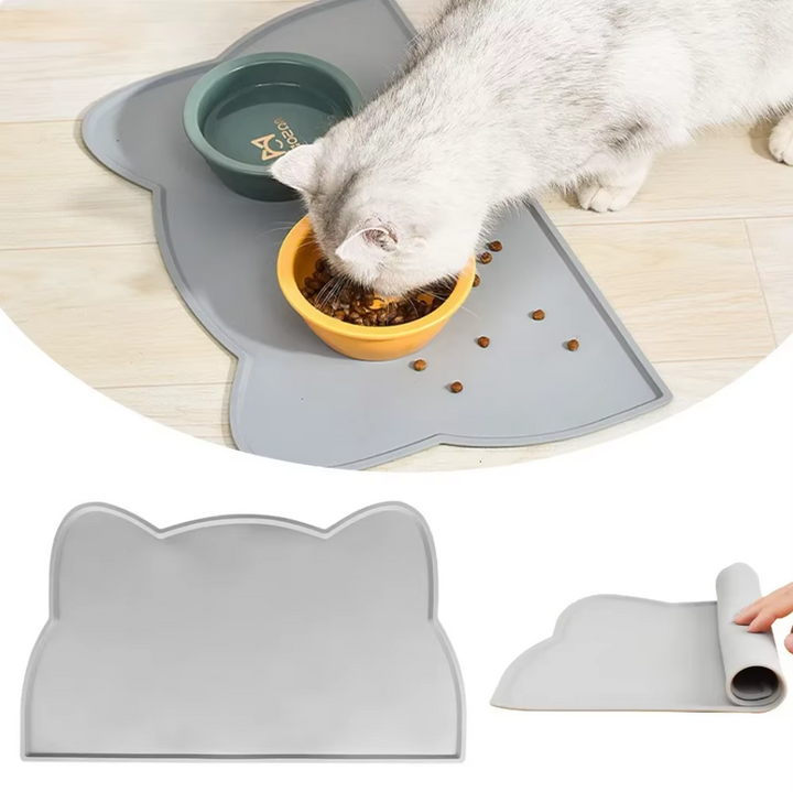 Non-slip silicone cat bowl mat with easy-clean base for pet food and water spills.