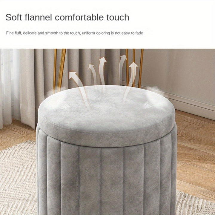Nordic Chic round pouf with mirror accent. Stylish storage solution & comfortable footrest.
