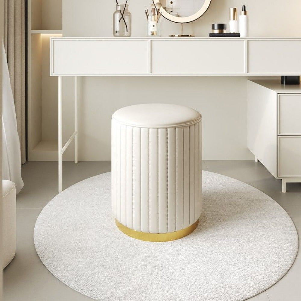 Elegant Nordic Chic storage pouf. Round fabric ottoman with mirror accent, perfect for bedrooms.