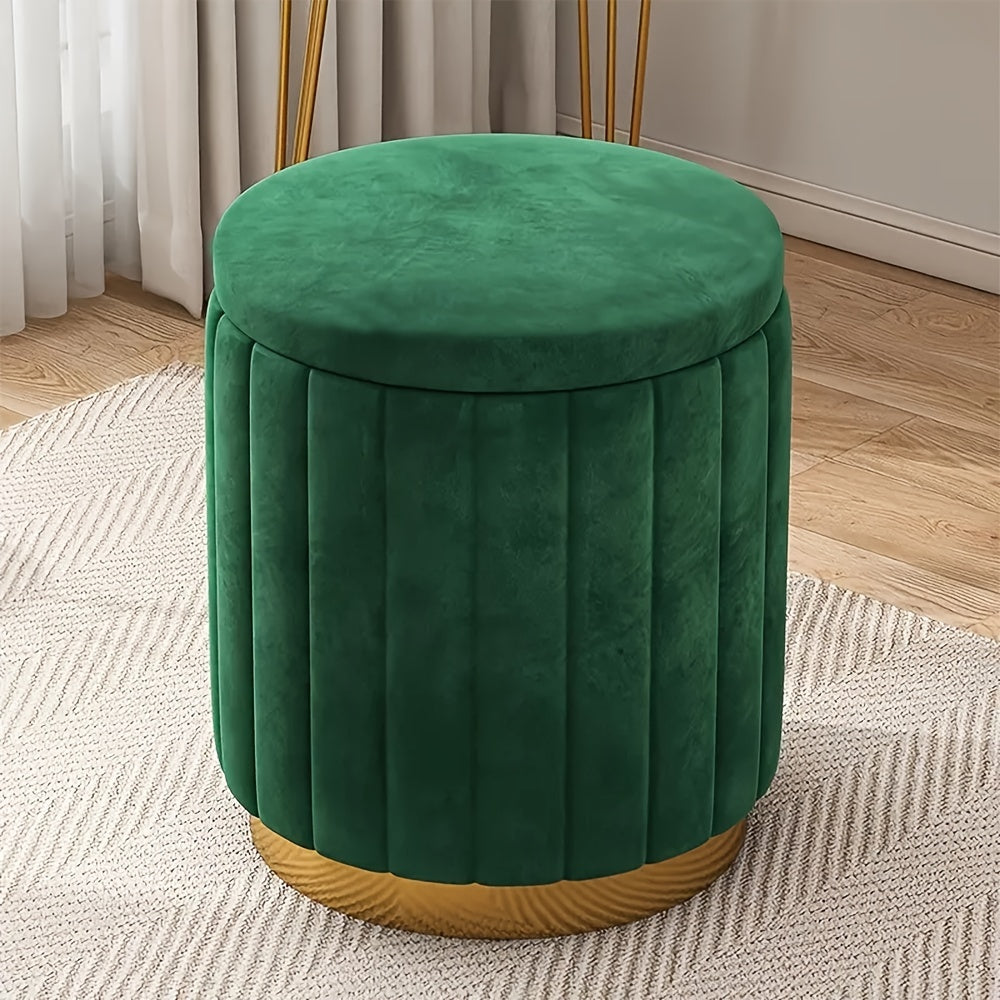 Chic round storage pouf with mirror accent. Functional fabric ottoman for modern home decor.