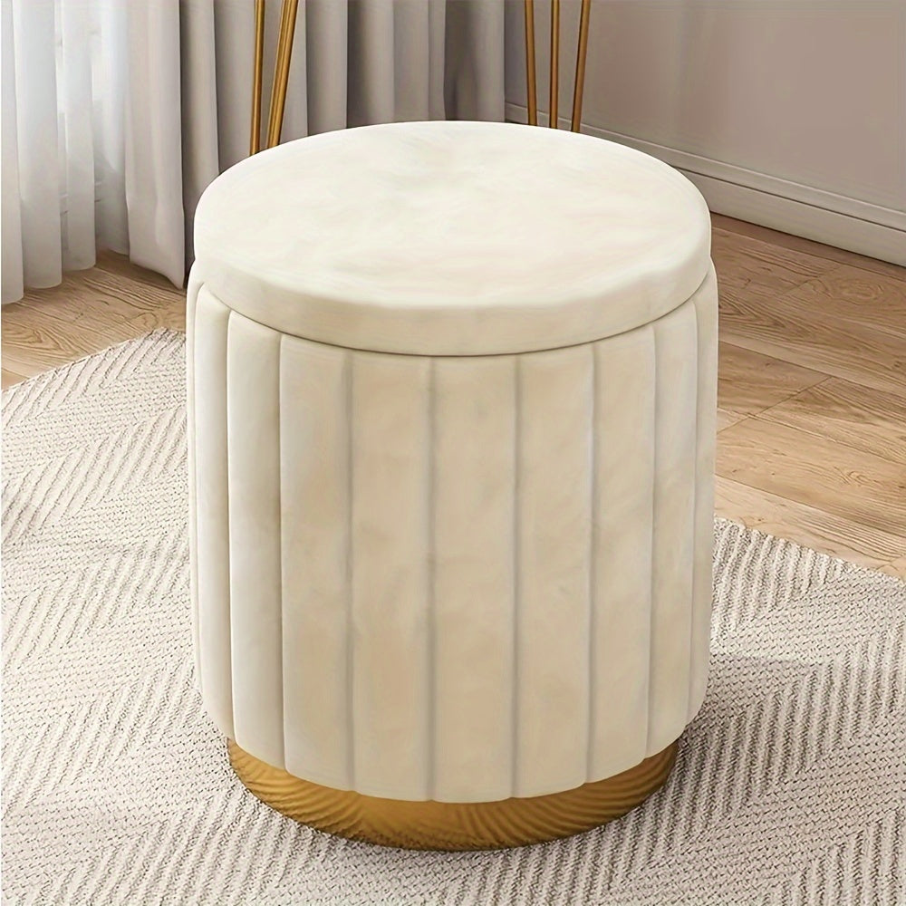 Nordic Chic round ottoman, a contemporary storage solution. Mirror finish accent piece.