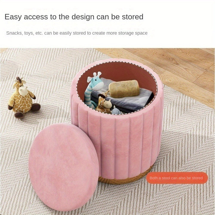 Modern Nordic Chic round storage ottoman. Stylish accent with a sleek mirror detail.