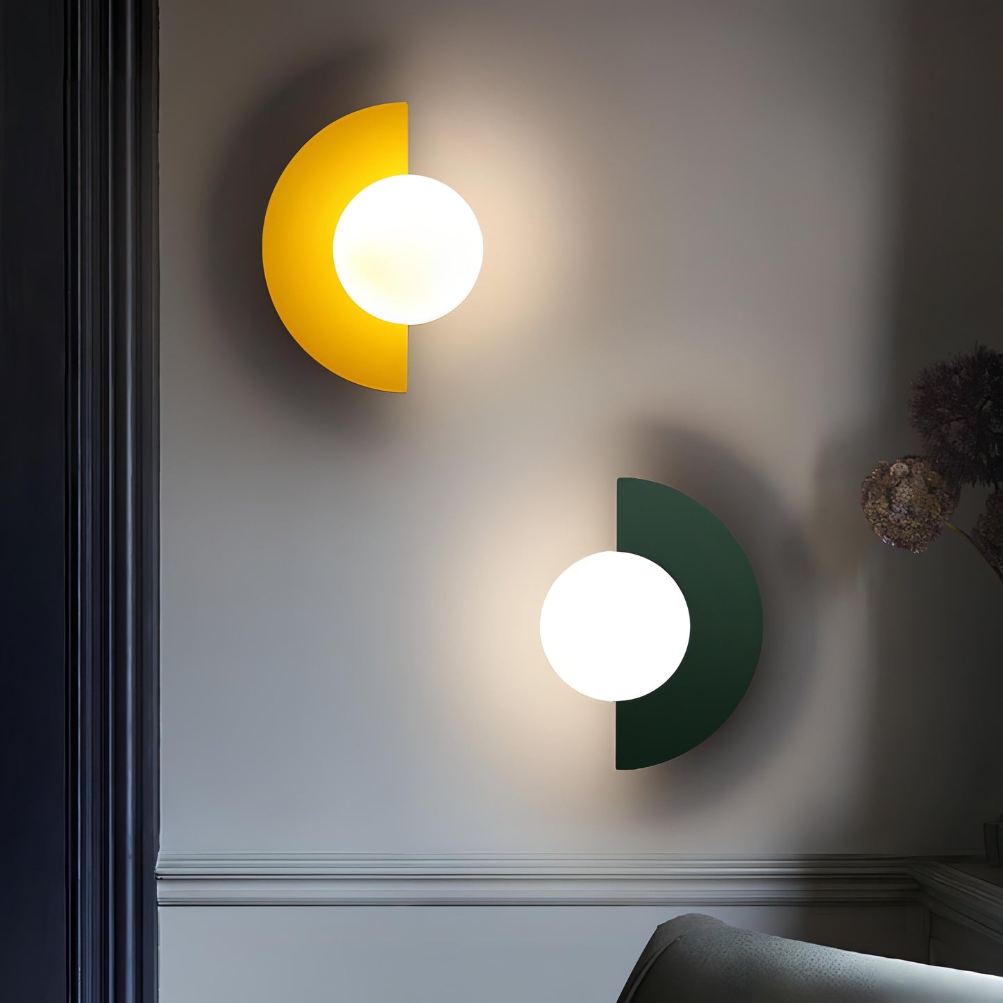 Nordic Style Metal Wall Lamp with semicircle shape, LED light, available in Black, Cool White, Green, Red, Warm White, Yellow