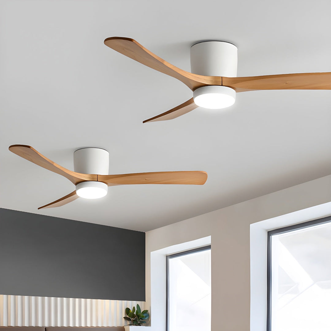 Nordic wooden ceiling fan with remote LED light & sycamore blades. Modern, quiet, home lighting.